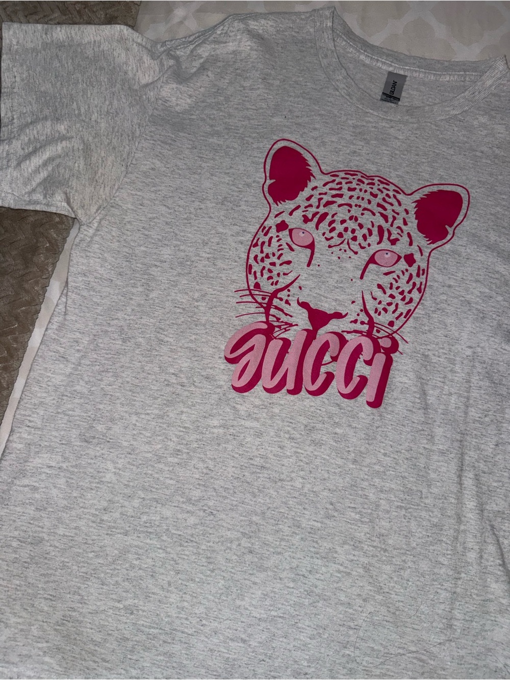 Gildan Gray Tee with Designer Pink Leopard Graphic size large